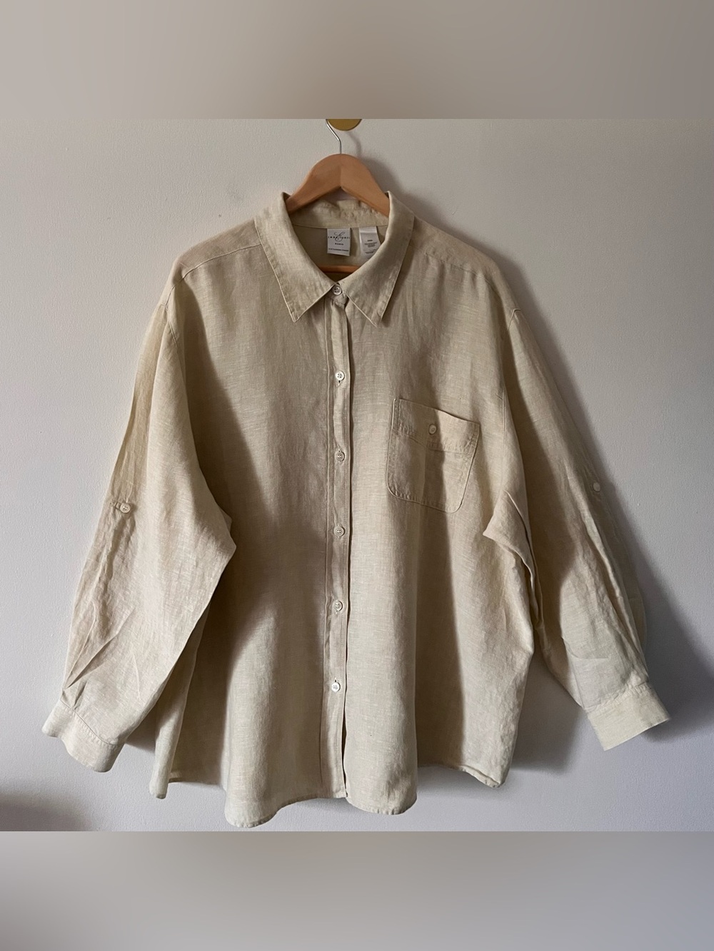 Emma James Light Beige Gold 100%  Linen Button-Up Blouse 24W Relaxed Capsule